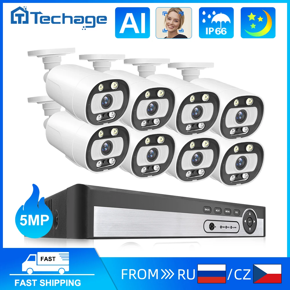 Techage 8CH 5MP POE CCTV камера система безопасности защита интеллектуальный AI Face Detect двусторонняя аудиосвязь наружные ком