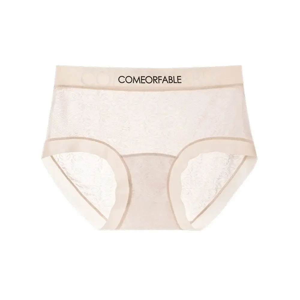 4Pcs Ultra-thin Lace Flower Briefs Transparent Cotton Crotch Mesh Seamless Panties Mid Waist Underpants Underwear for Women Lady