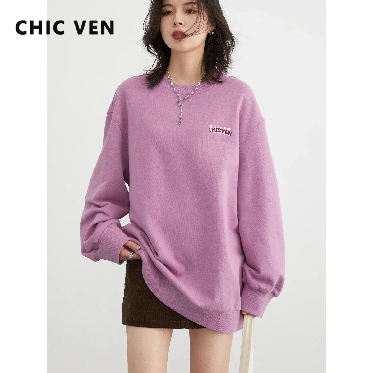 CHIC VEN Women Sweatshirts Streetwear Loose New Round Neck Letter Sweater Pullover Mid Length Oversize Top Spring Autumn 2023