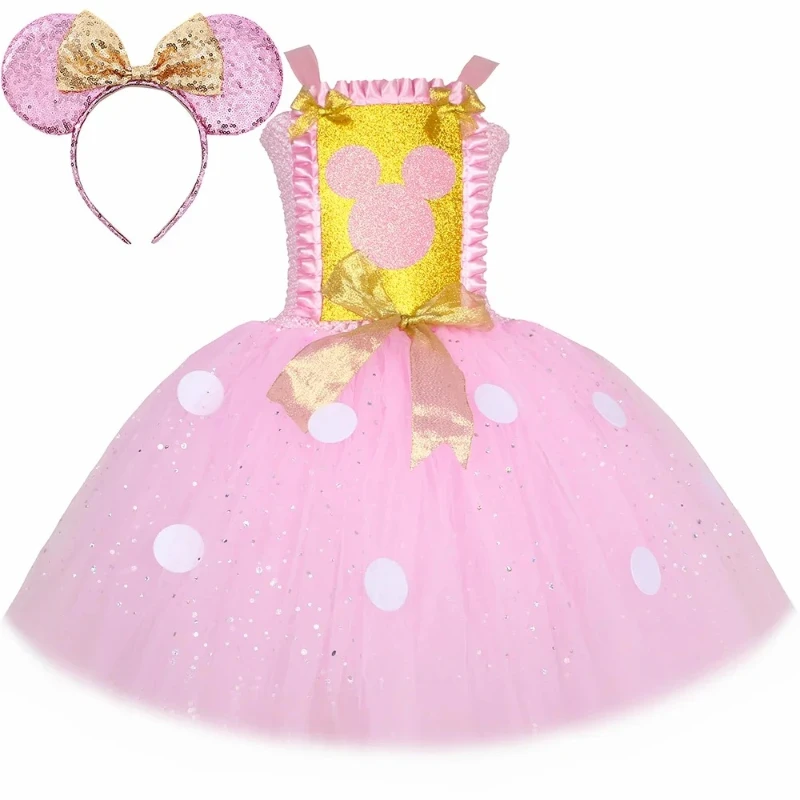 Vestido de tutú de Minnie rosa para niñas con lunares y purpurina, vestido de princesa de tul con dibujos animados, disfraz de Cosplay para fiesta de cumpleaños y Halloween para niños1