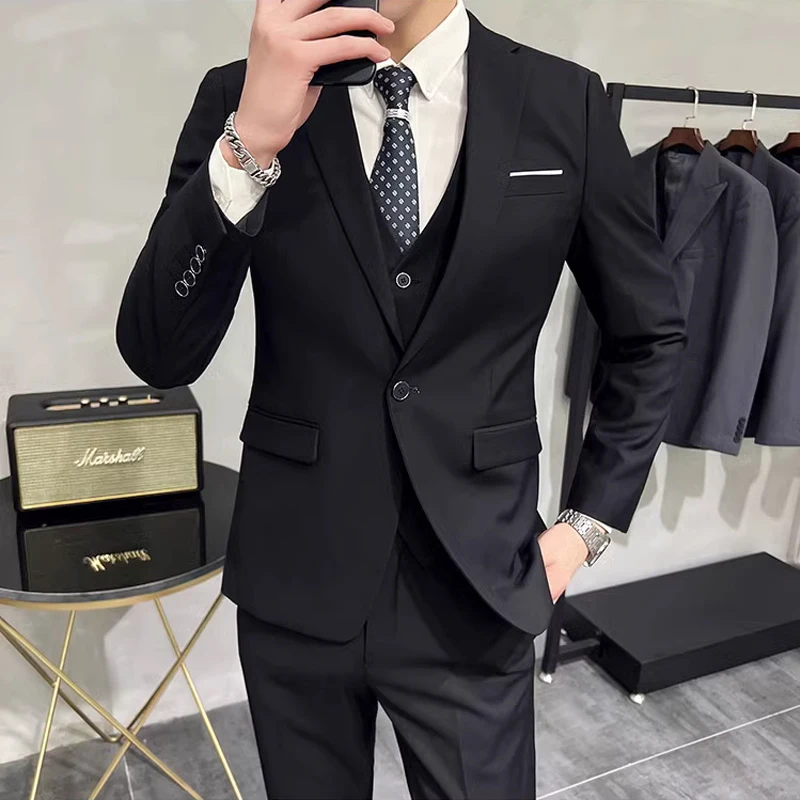 ( Jacket + Vest + Pants ) New High End Brand Solid Color Men\'s Casual Business Office Formal Suit 3Pcs Set Groom\'s Wedding Dress