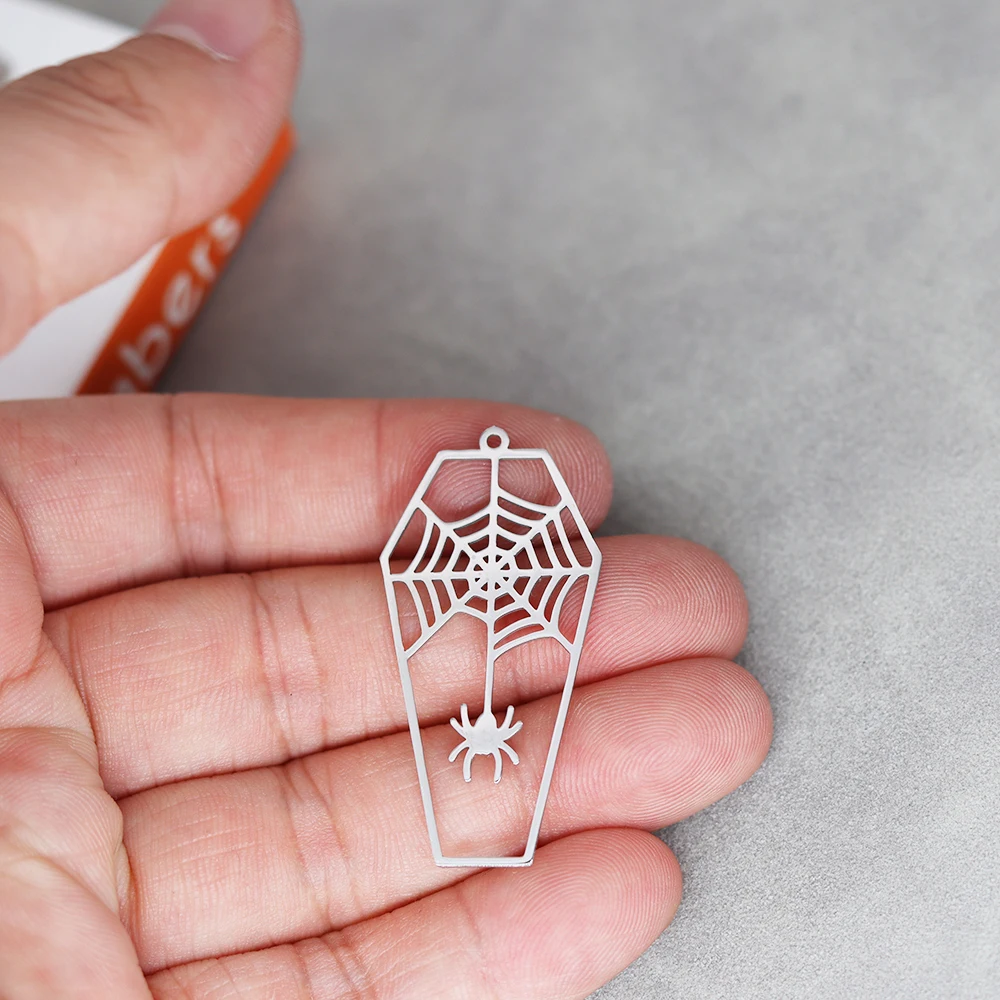 3PCS Spider Web Coffin Stainless Steel Pendant Charm for Jewelry Making DIY Craft Tassels Earrings Necklace Funny Halloween Gift