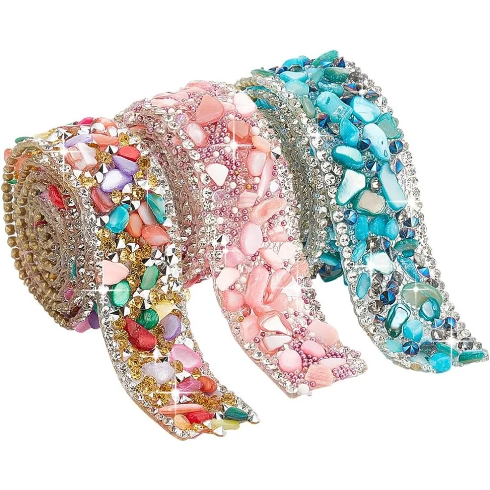 1.5 Yard 3 Colors Crystal Rhinestone Trim, 2cm/0.7 Inch Hot Fix Ribbon Gem Stone Beaded Iron On Applique Embellishment