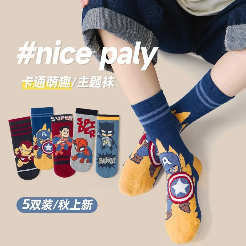 5Pair Children Spider-Man Kids Boys Cotton Sock Iron toddler Captain America New Fall Winter Cartoon Baby Mid-calf Sock 1-12Y