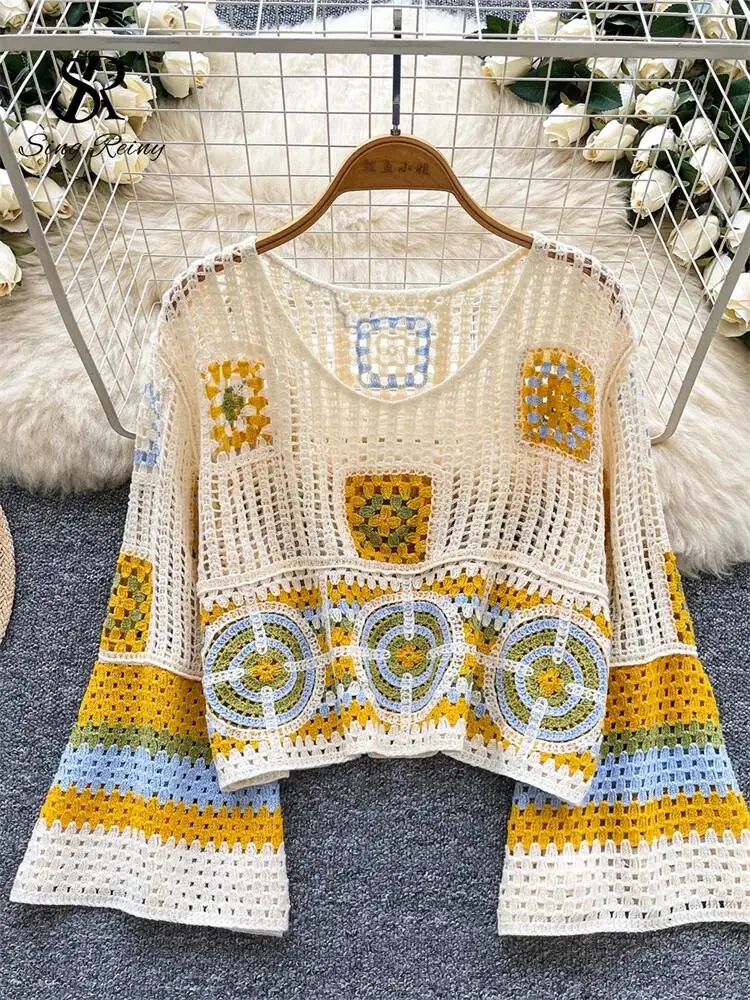 Colorful Crochet Bohemian Tops Ladies Flared Sleeves Geometric Pattern Blouse Summer Loose Lazy Vacation Casual Shirts