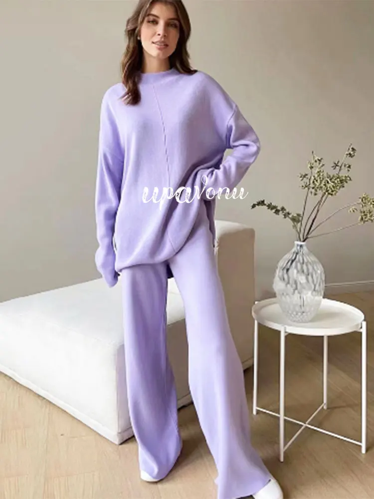 

Casual Autumn Loose Knit Sweater Set 2022 New Solid Color O Neck Long Sleeve Pullover Sweater & Flared Trousers Two Piece Set