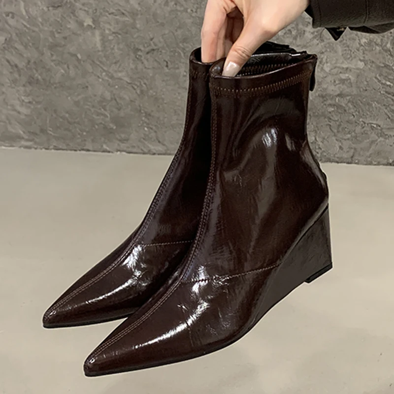 

Eilyken Fashion Design Wedges High Heels Woman Ankle Boots Punk Style Pointed Toe Modern Booties Autumn Winter Zipper Shoes