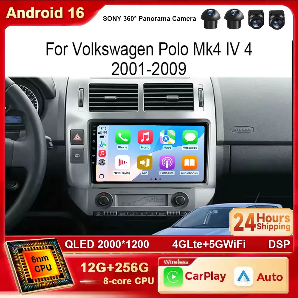 Android 16 für Volkswagen VW Polo MK4 6Q 9N 9N3 2001-2009 Autoradio Auto-Multimedia-Videoplayer GPS Carplay QLED-Bildschirm Stereo