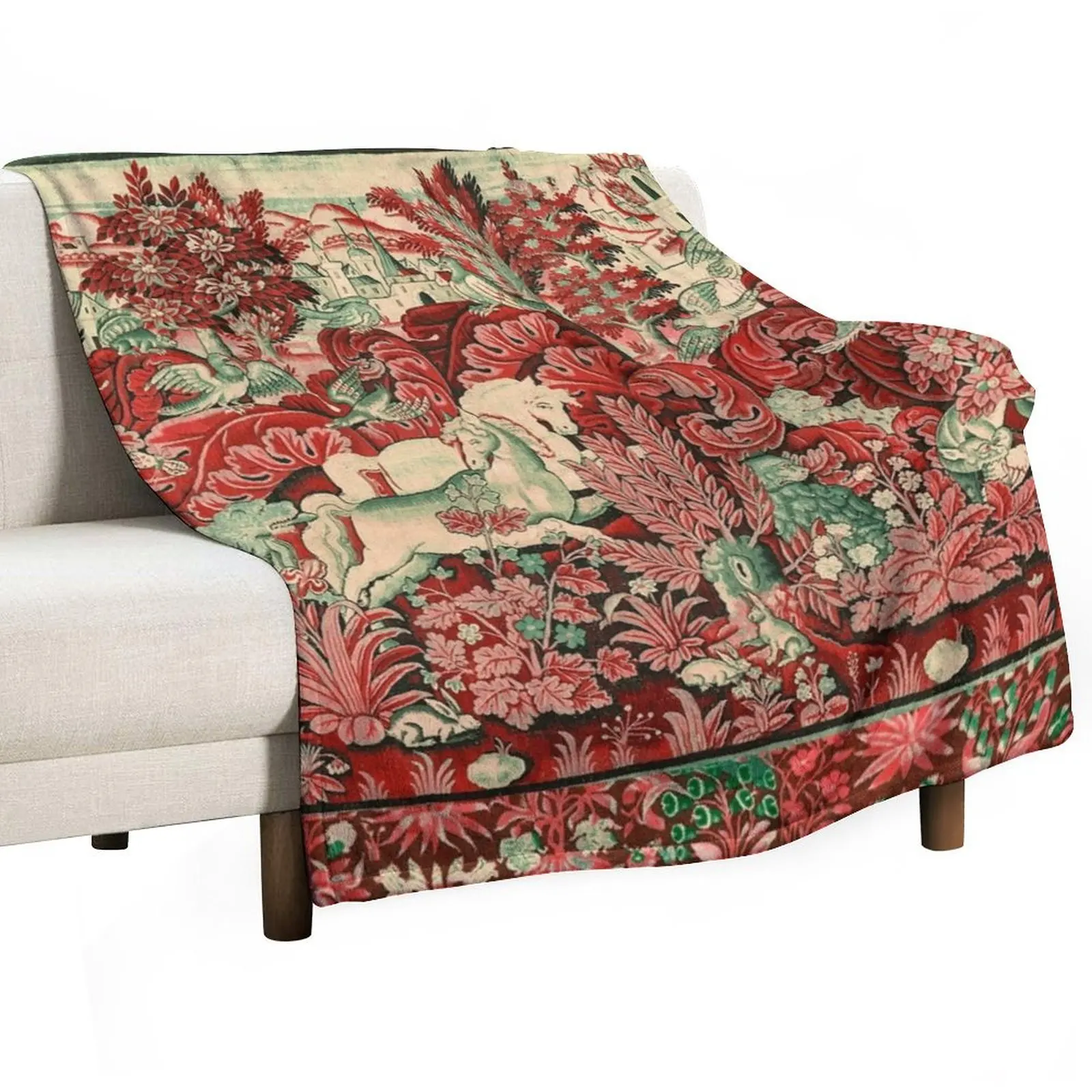 

FANTASTIC ANIMALS AND HORSES IN WOODLAND Red White Green Antique French Tapestry Throw Blanket Single Furry Blankets