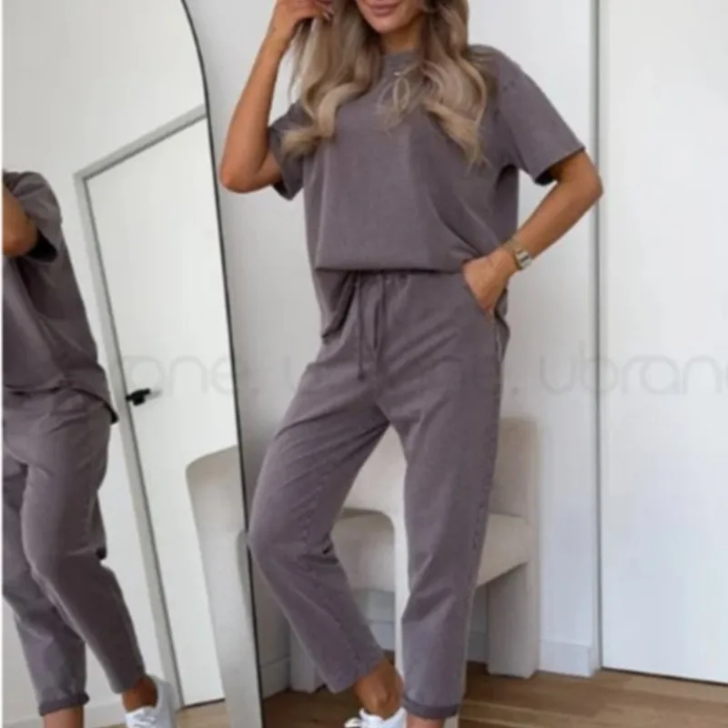 Set 2 potong gaya olahraga kasual musim semi Set celana panjang berenda elastis pullover lengan pendek leher-o longgar Fashion wanita musim panas