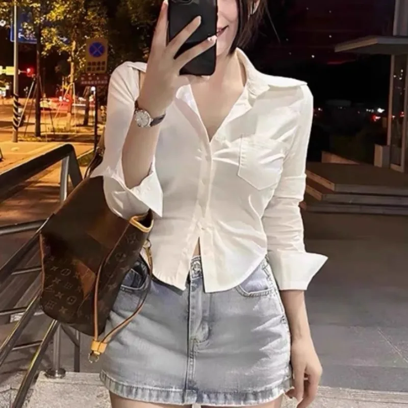 Japanese Women\'s Blouses 2024 New Spring Patchwork Turndown Collar Button Fashion Solid Color Long Sleeve Slim Fit Waist Shirts