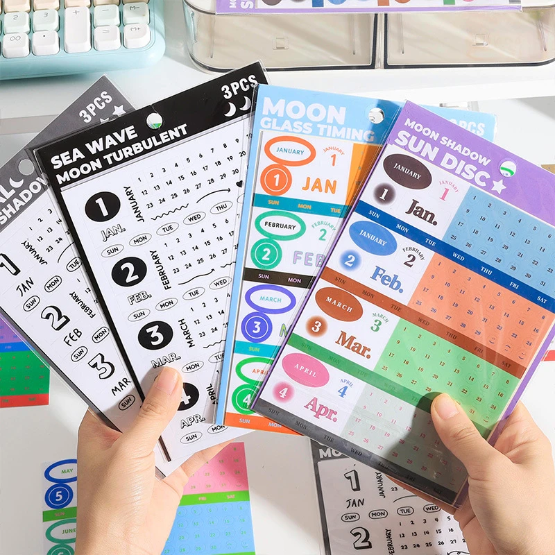 3Sheets Simple Perpetual Calendar Series Waterproof Stickers Month Display Stickers Office Home Decorations Calendars Gifts