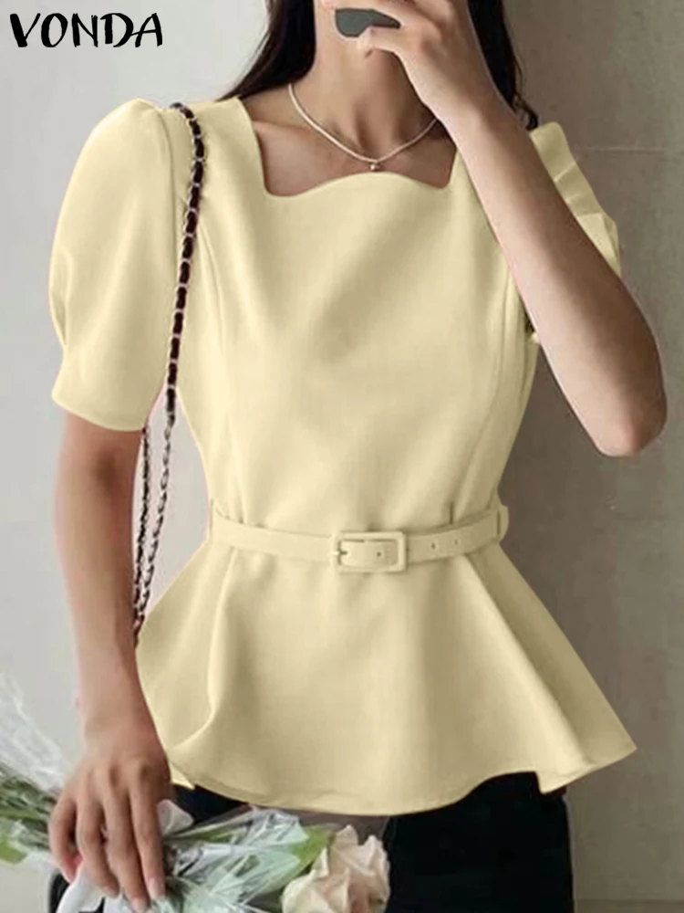 VONDA Fashion Square Collar Blouse Women Shirts Short Puff Sleeve Summer Tops 2024 Elegant Solid Casual Streetwear Belted Blusas