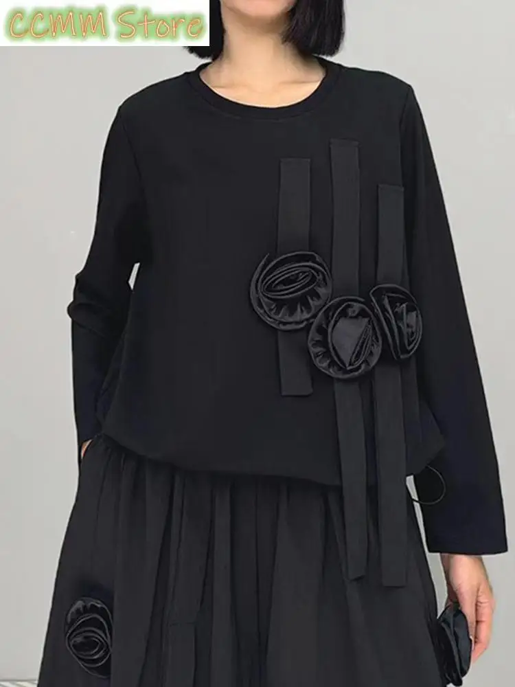 New Women Black Three-dimensional Flower Big Size Casual T-shirt New Round Neck Long Sleeve Fashion Spring Autumn