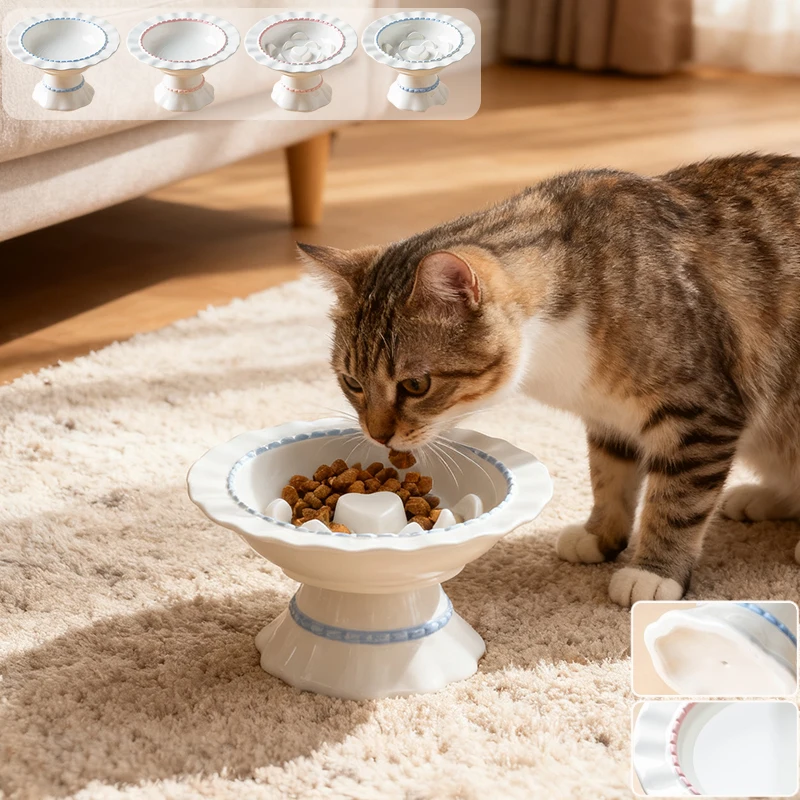 

1pc Elevated Ceramic Pet Bowl Large Capicity Anti Rollover Neck Protection Cat Slow Food Bowl with AntiSlip Base Cat Accessories