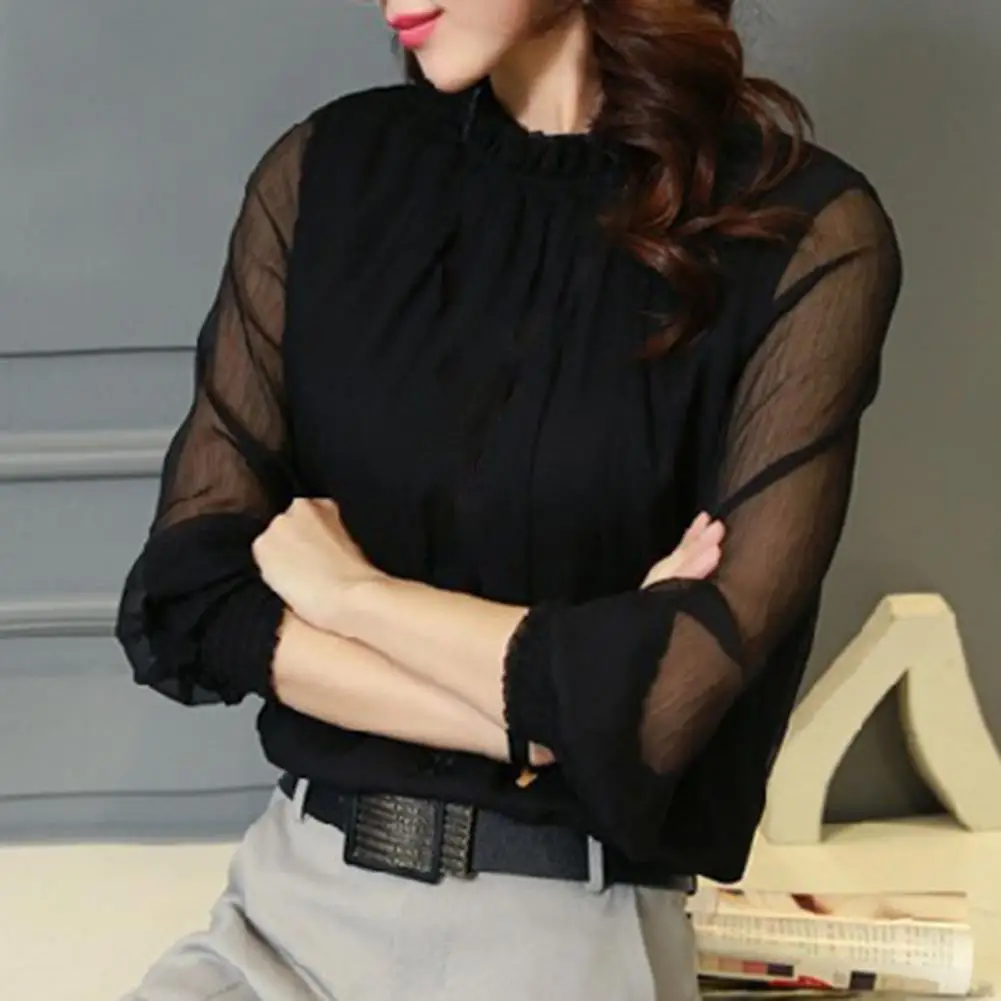 Perspective Net Mesh Sleeve Office Shirt Top Elastic Cuffs Women Shirt Elegant Ruffle Collar Blouse Solid Color Chiffon Shirt