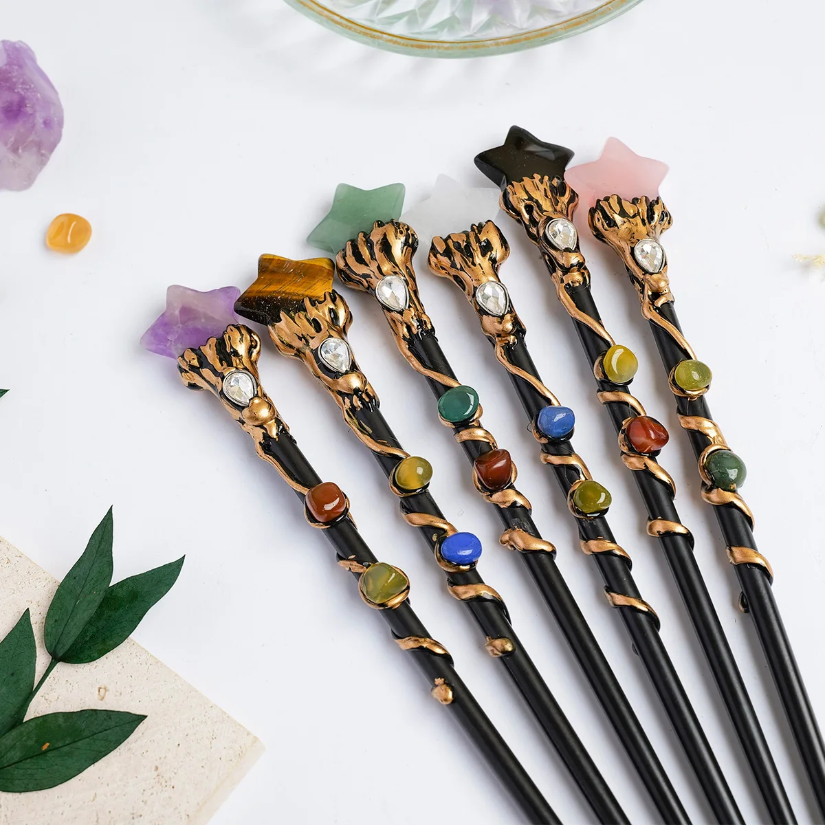 1pc Natural Crystal Star Magic Wand Crystal Pentagram Fairy Wand DIY Handmade Wand Prop Holiday Gift