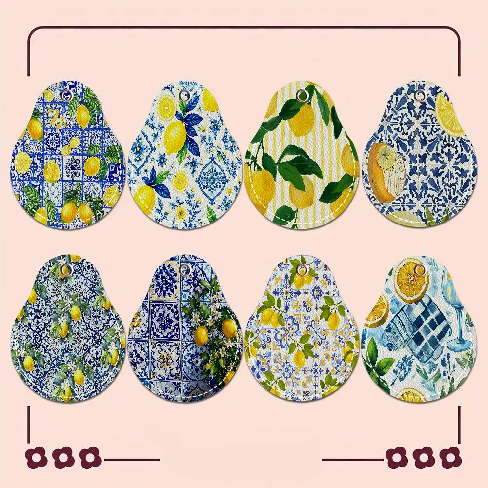 Morocco Lemon Fruit Pattern Art Women Mini PU Leather Case Keychain Access Card Bag Key Tag Ring Mini Badge Key Ring Lock Tags