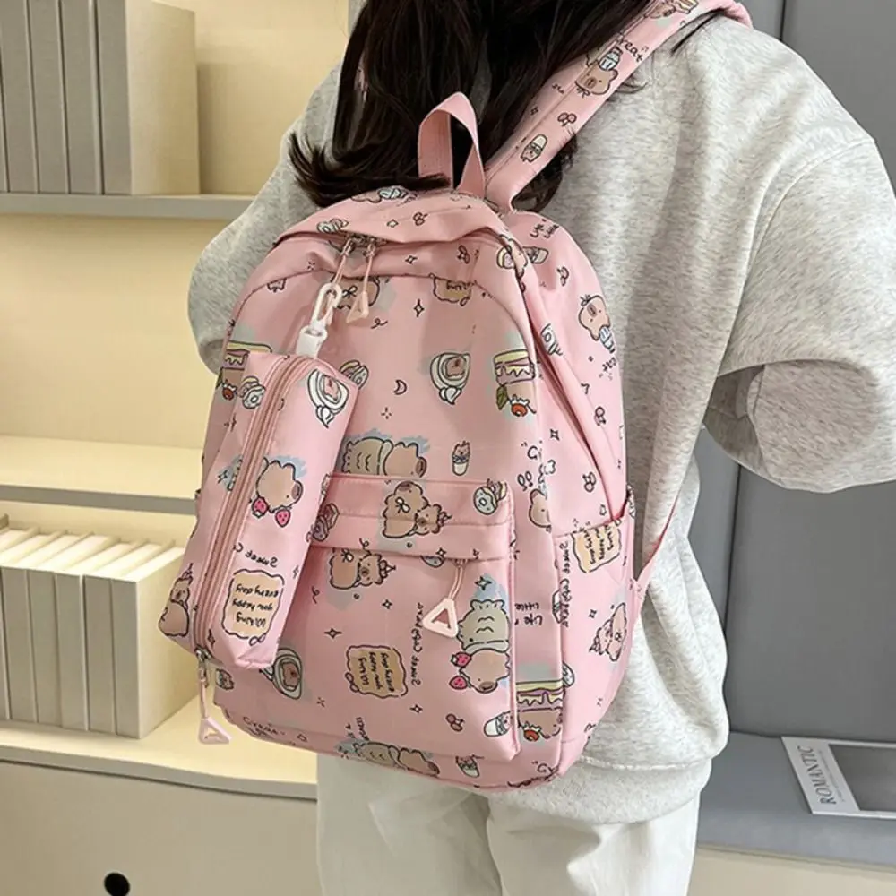Cartoon Nylon Capybara Backpack Capybara Lightweight Schoolbag Large Capacity Alleviate Burden Shoulders Bag Student Gift