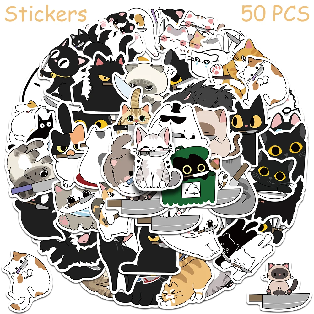 50pcs Cute Cat With Knife Stickers Decals For Phone Laptop Notebook Refrigerator Guitar DIY Cartoon Graffiti Stickers Kids Gifts