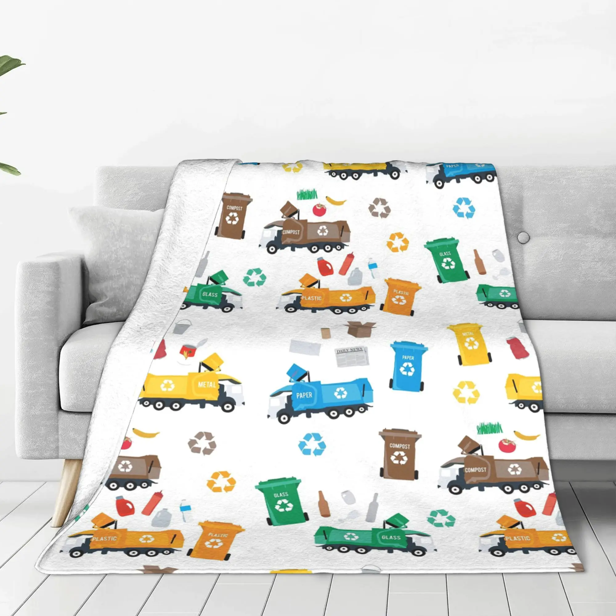 Colorful Recycling Garbage Trucks & Bins Blanket Portable Flannel Sofa Throw Blanket for Home Bedroom Outdoor Throws Bedspread