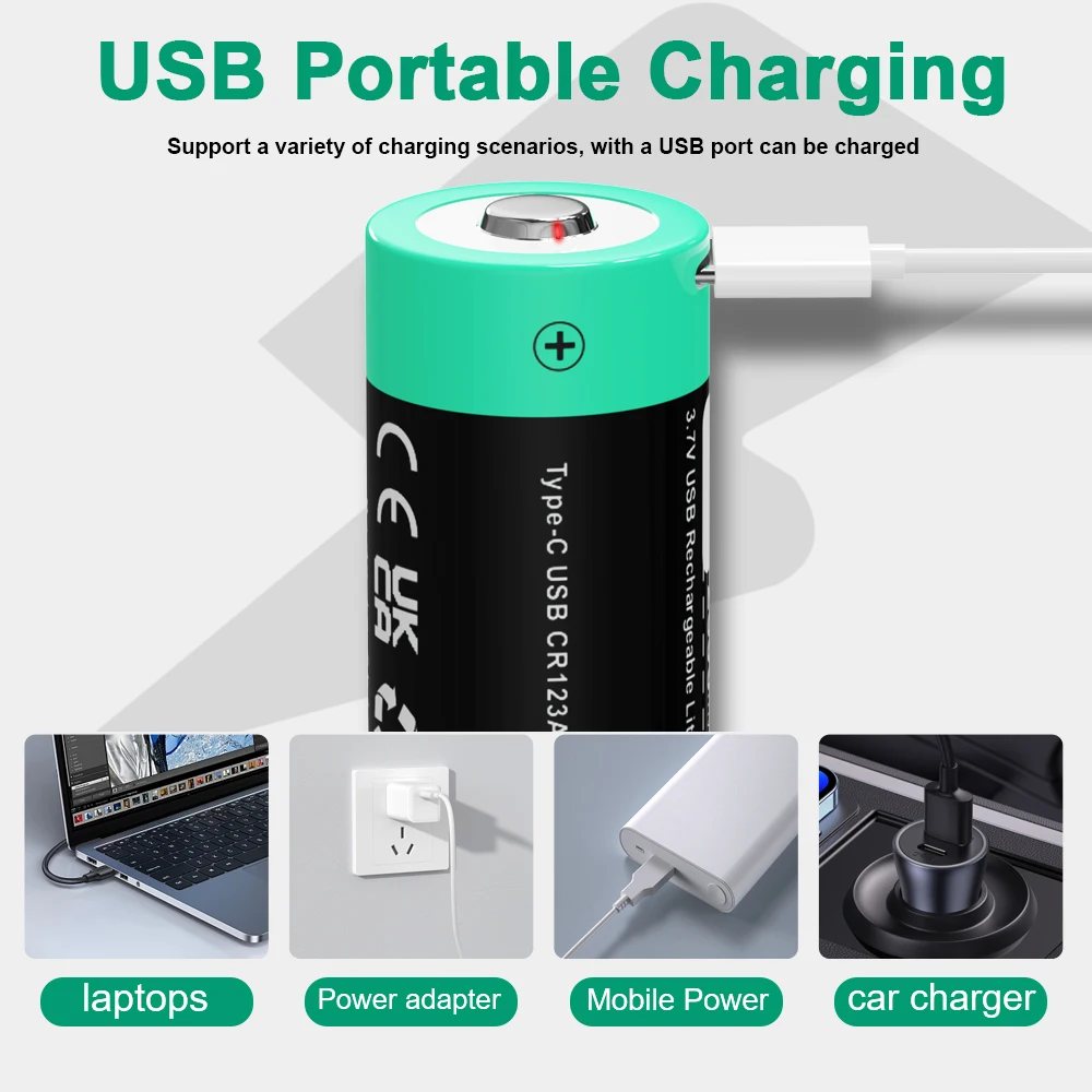 R7 CR123A 3.7V Li-ion Rechargeable Battery 2600mWh Type-C Charging For LED Flashlight Smoke Alarm Night Vision Camera