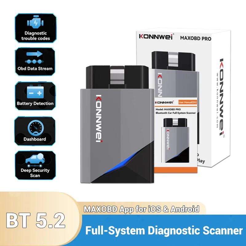 KONNWEI MAXOBD PRO Bluetooth 5.2 OBD2 Scanner Full System Car Diagnostic Tool Oil Reset MAXOBD App for iOS & Android