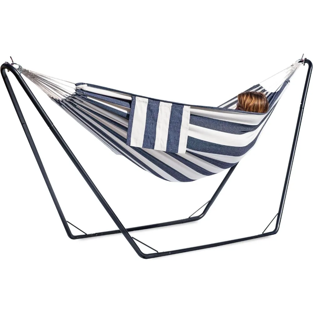 

Double Hammock with Stand for Outside,Stable V-Shape Space Saving Steel Stand 2 Person,Comfortable Pillow&Convenient Side Pocket