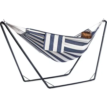 Double Hammock with Stand for Outside,Stable V-Shape Space Saving Steel Stand 2 Person,Comfortable Pillow&Convenient Side Pocket