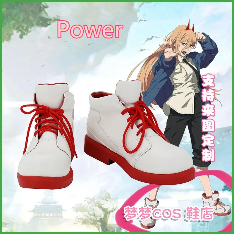Chainsaw Man Power Cosplay Costume Shoes Handmade White Red Faux Leather Boots