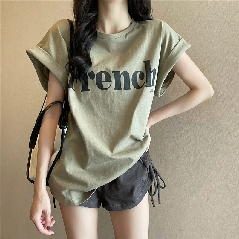 

Women French Printed Drop Sleeves Tops Summer Chic Casual T-shirts O Neck Off-the-shoulder Tops New Sweet Girls Tees Streetwear