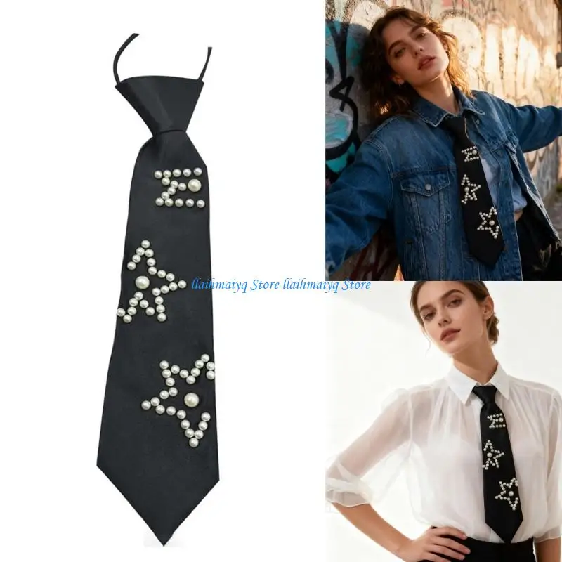 573B Premium Pearls Detailing Tie Flexible Polyester Neckwear Comfortable Accessories