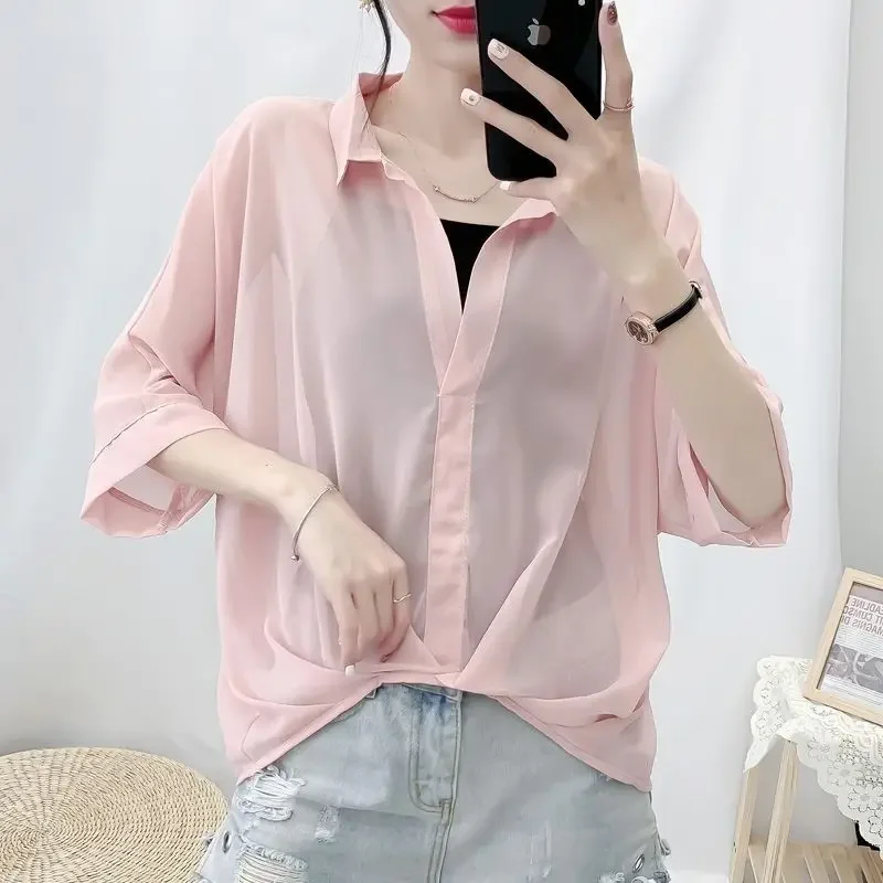 여성 패션 쉬폰 칼라 셔츠 여름 새로운 반팔 탑 선 스크린 의류 얇은 두 조각 세트 하프 오픈 넥 블라우스