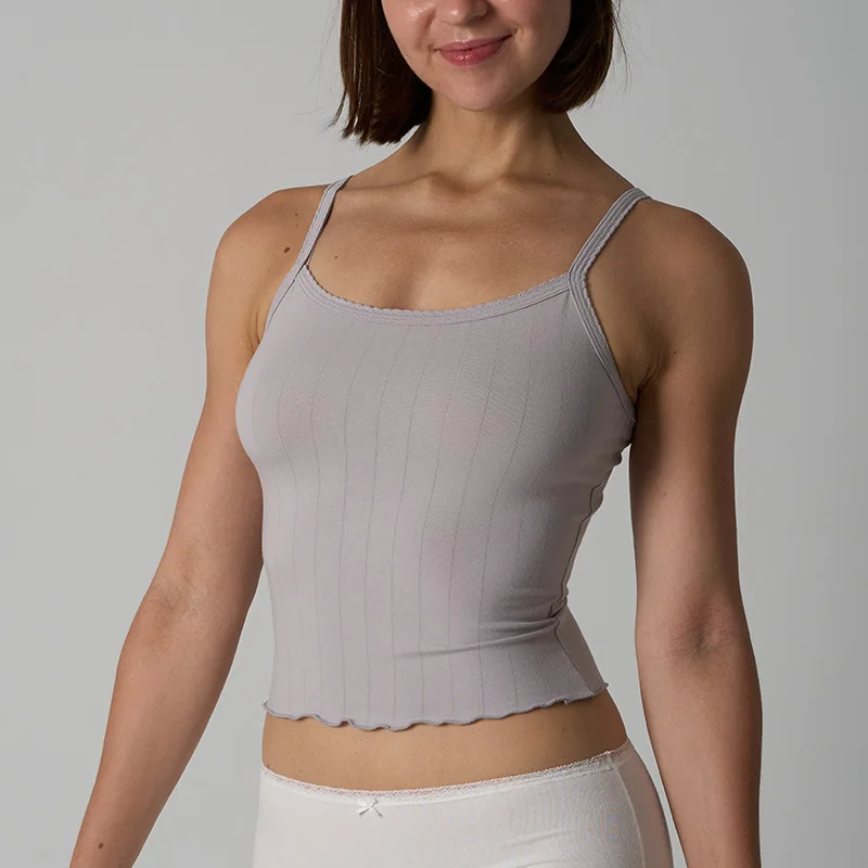 Y2K Hot Girl Style Einfarbiges Tank-Top für den Sommer, tief ausgeschnittener Rundhalsausschnitt, einfarbige Taille, ärmelloses Strick-Träger-Top mit Rüschenrand