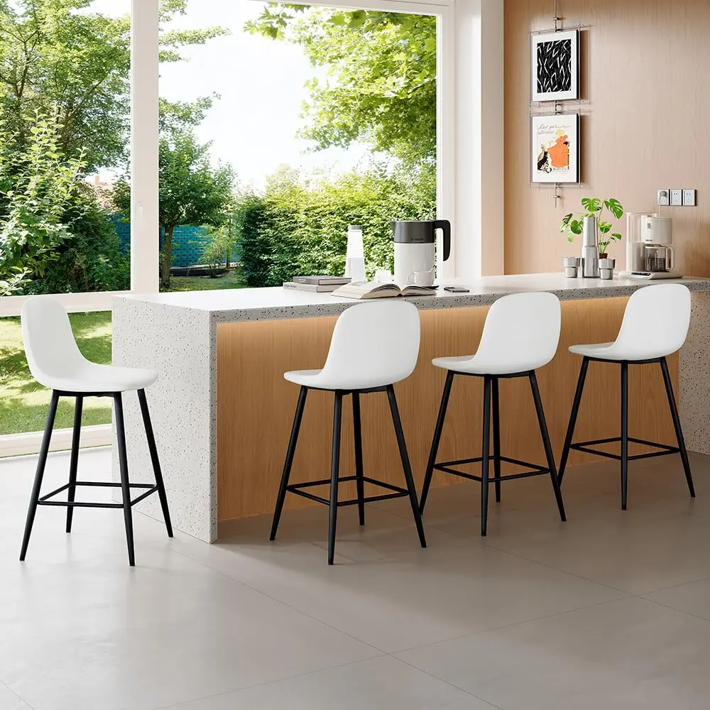 

Набор белых барных стульев, 4 24-дюймовых спинки, спинка для ног, искусственная кожа, металлические ножки, кухонный остров, по индивидуальному заказу