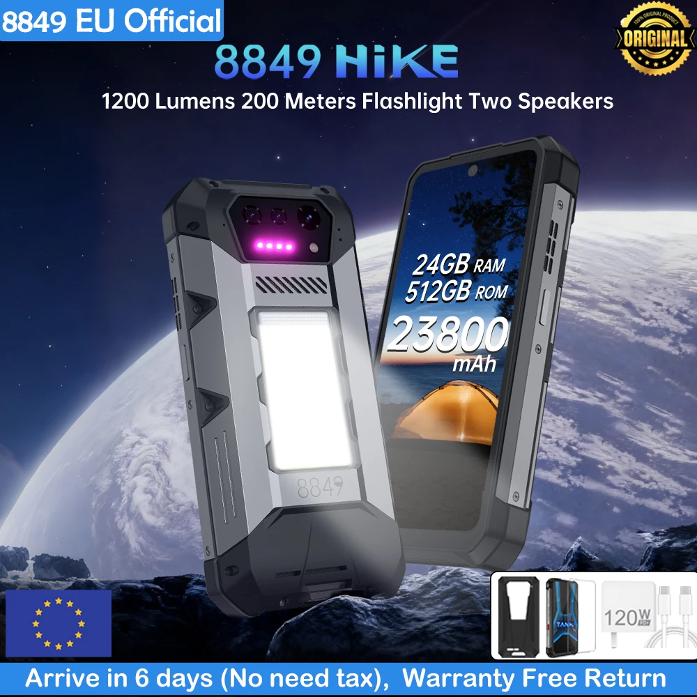 8849 Hike Unihertz هاتف ذكي متين 23800mAh 1200Lumens مصباح يدوي 24GB + 512GB قابل للتوسيع 2TB Android14 شريحتين 6.78 بوصة 120 هرتز #1
