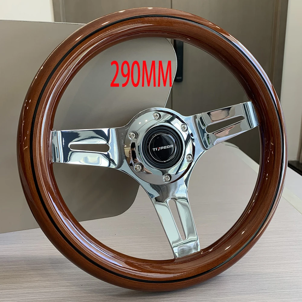 

Tiype 290mm Diameter Solid Wood Car Mini Steering Wheel Silver Bracket Racing Game Simulator Steering Wheel Brown and Black Line