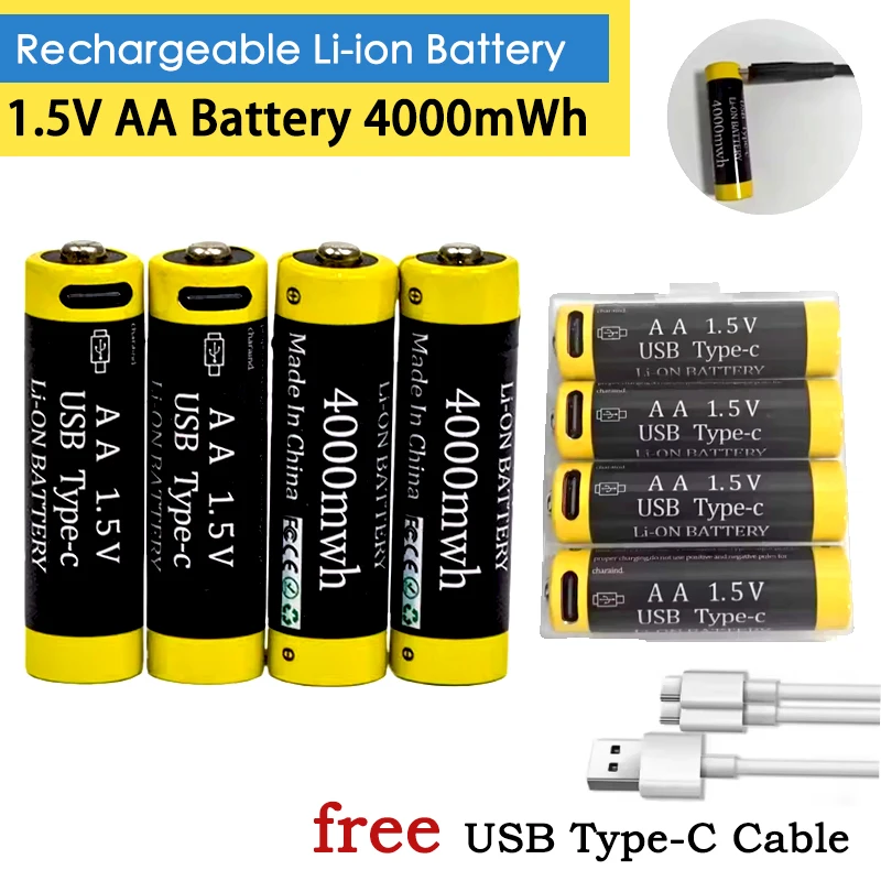 

New AA 1.5V 4000MWH rechargeable lithium-ion battery for small fan battery mouse remote control battery USB Type-C cable