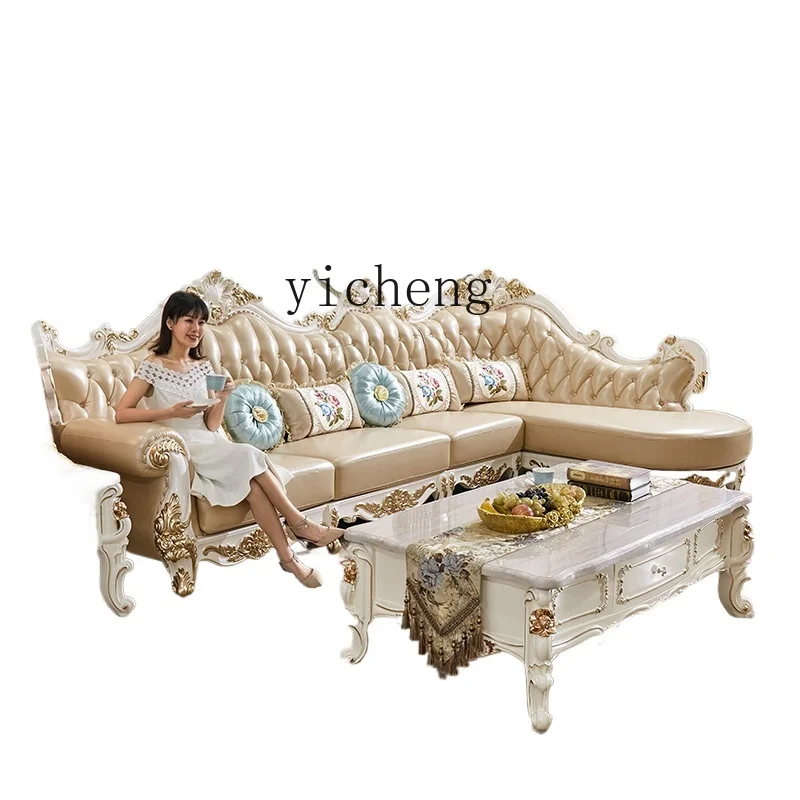 

Tqh European-Style Leather Sofa Combination Villa Living Room Corner Solid Wood Carved French Furniture