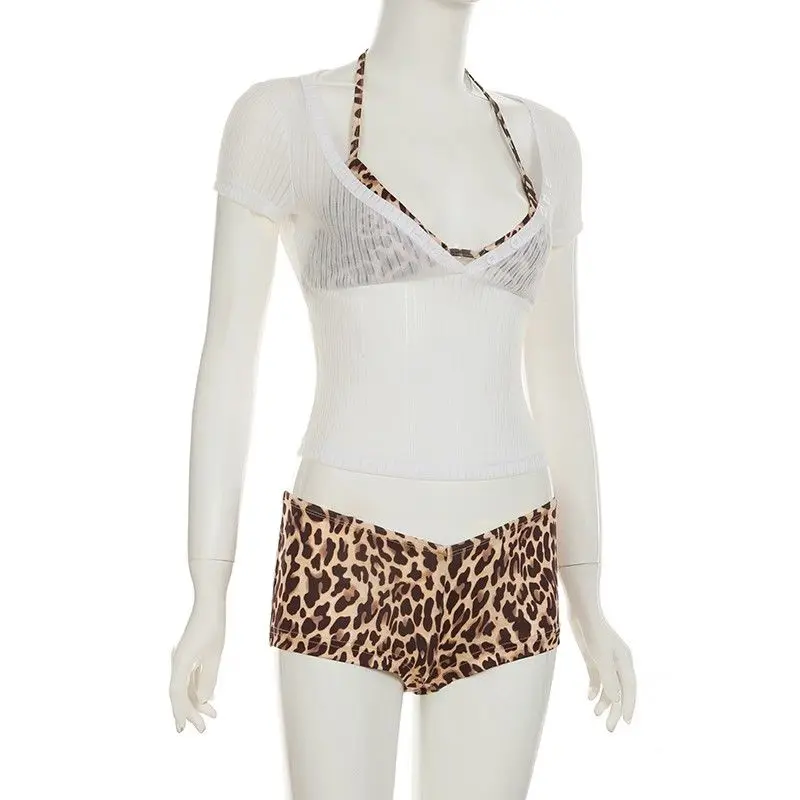 Y2K レオパード柄 ホルタービキニセット シアー半袖カバーアップ レディース ショートパンツ リブ編み ビーチ トレンド水着 水着 2026
