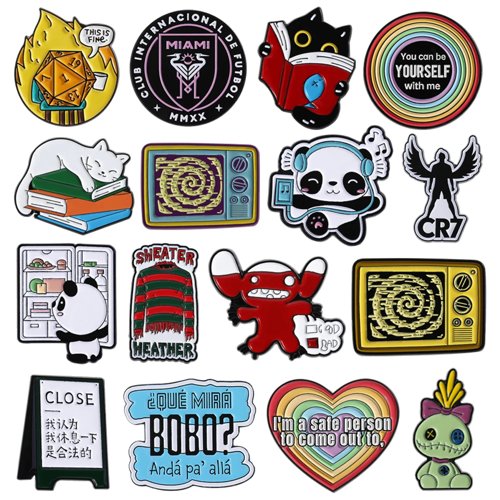 

Horror Puppet Toy Brooch Cartoon Rainbow TV Football Game Dice Book Cat Refrigerator Panda Lapel Pins Badges Backpack Jewelry