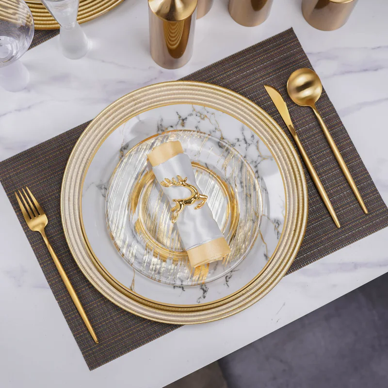 

Aesthetic Patterned Kitchen Glass Plate Dinner Serving Ceramic Gold Luxury Dinner Plate Souplast Assiette Luxury Tableware
