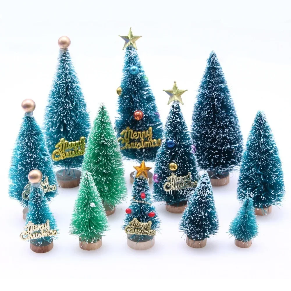 Decorated Mini Christmas Tree Cedar Pine on Sisal Silk Blue-green Mini Pearl Pentagram Christmas Tree Figurines & Miniatures