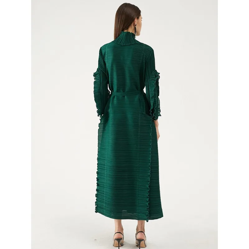 GGHK Miyake Pleated Petal Sleeve Dress Lapel Cardigan Sashes High Fashion Loose Long Dresses Fall 2023 Women Design Clothes