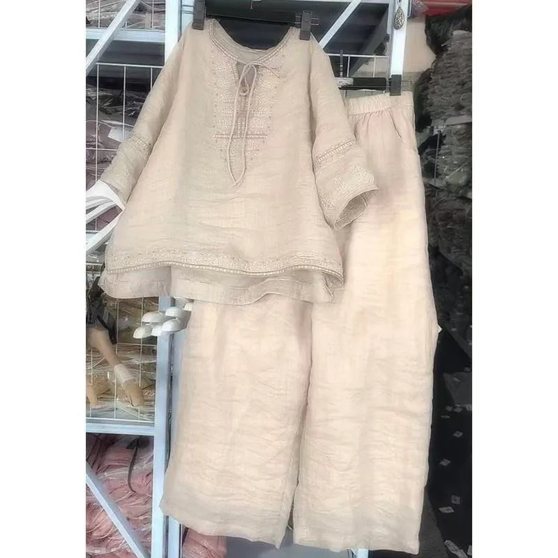 

Casual Women 2 Piece Set Summer Loose Pants Suit Side Split Embroidery Blouse Elastic Waist Wide Legs Trousers