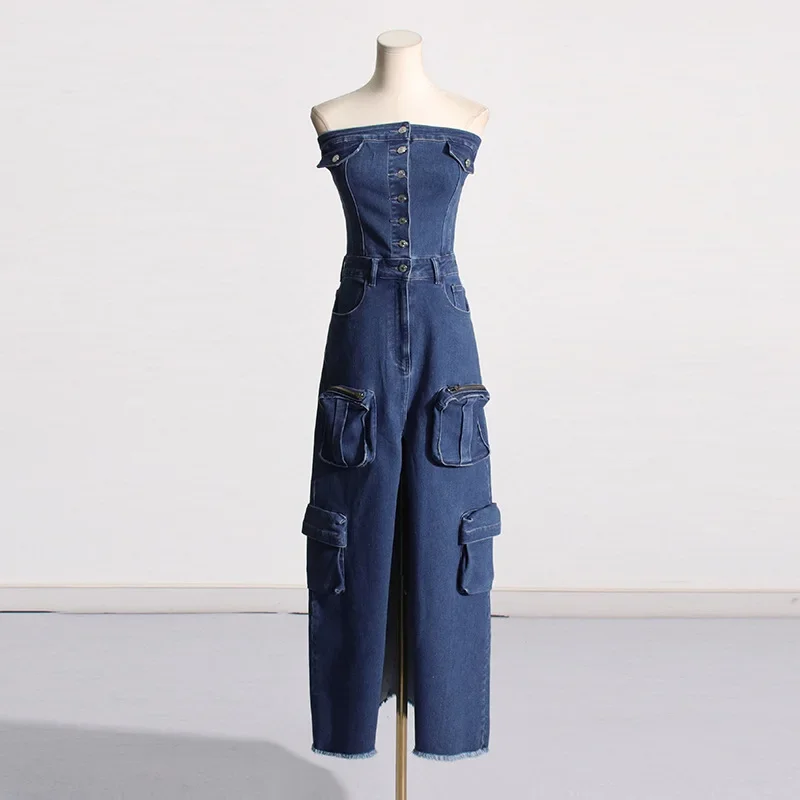 Women's Spring New Fashion Strapless Denim Slit Dress, Vintage Single-breasted Design with Multi-pocket Denim Dress Vestidos