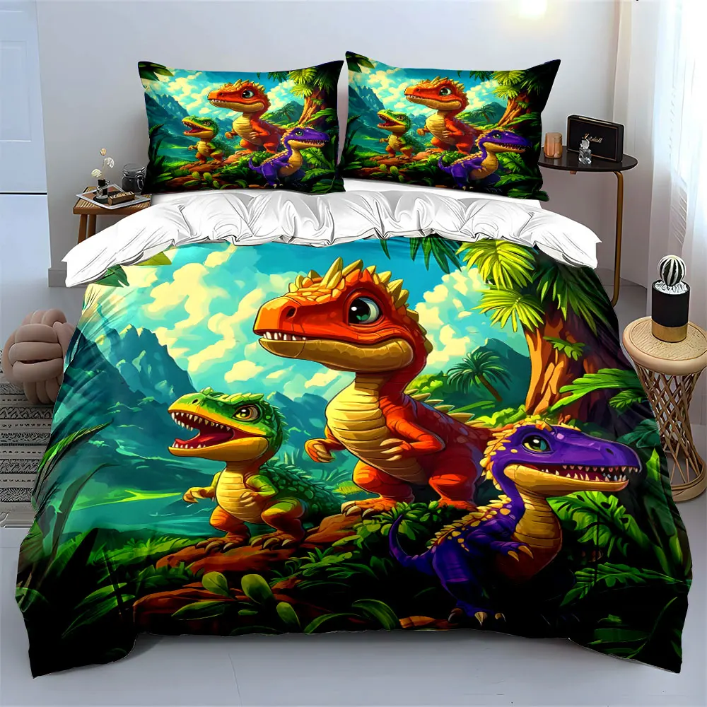 Cartoon dinosaurs exploring tropical jungle Bedding Set for Kids Luxury Gift 3pcs Digital Print Comforter Set Soft Comfortable