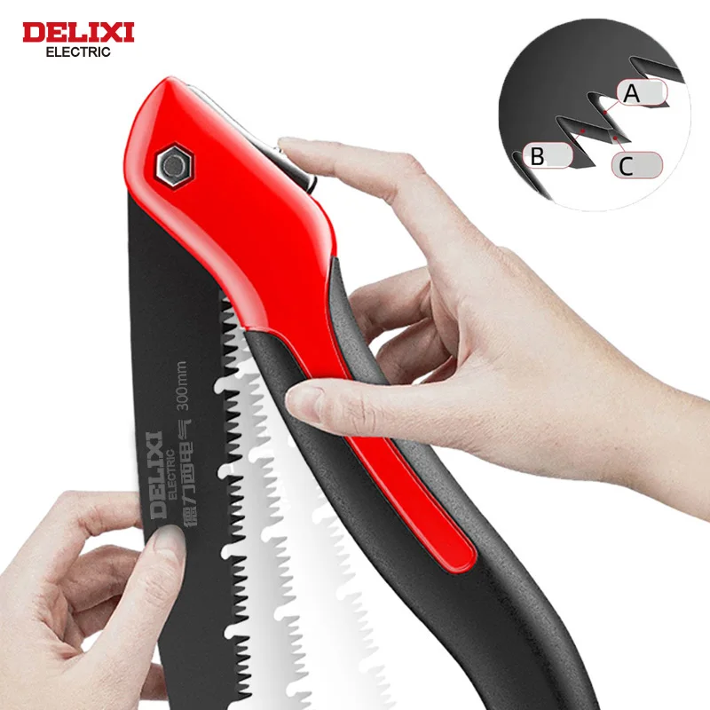 DELIXI ELECTRIC Folding Saw，SK5 steel One-button Folding Design，Sharp Cutting Wood,Camping DIY,Garden Saw,Tree Chopper Knife