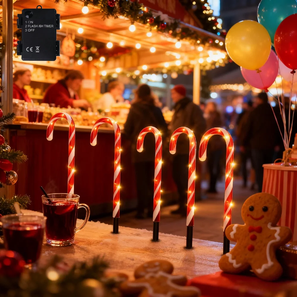 5 قطع/مجموعة أضواء قصب حلوى عيد الميلاد مع وظيفة توقيت 6 ساعات تعمل بالبطارية (الشحن بدون بطارية متضمنة)