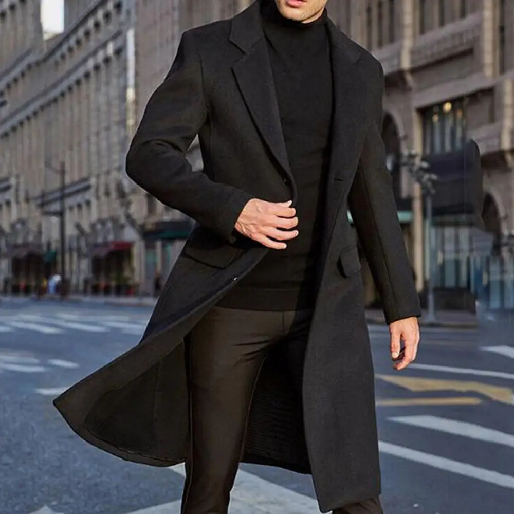 

Autumn Winter Men's Woolen Coat Solid Color Long Sleeve Buttons Jacket Lapel Collar Mid-length Trench Coat Jacket Male Overcoat